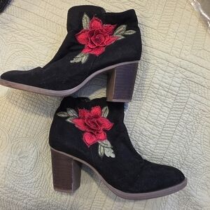Black Ankle Boots with Red Floral Embroidery